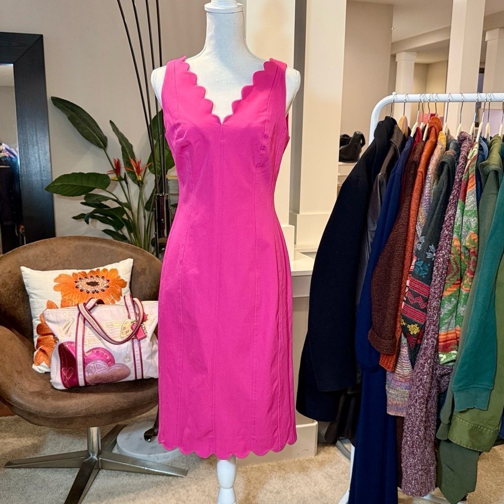 BANANA REPUBLIC DRESS BODYCON MIDI SCALLOPED STRETCHY SHAPEWEAR HOT PINK VGUC 6